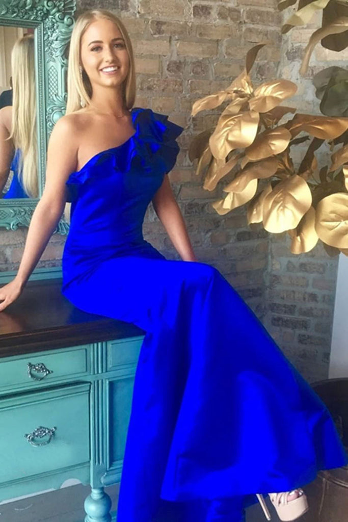 Royal Blue One Shoulder Long Prom Dress Elegant Floor Length