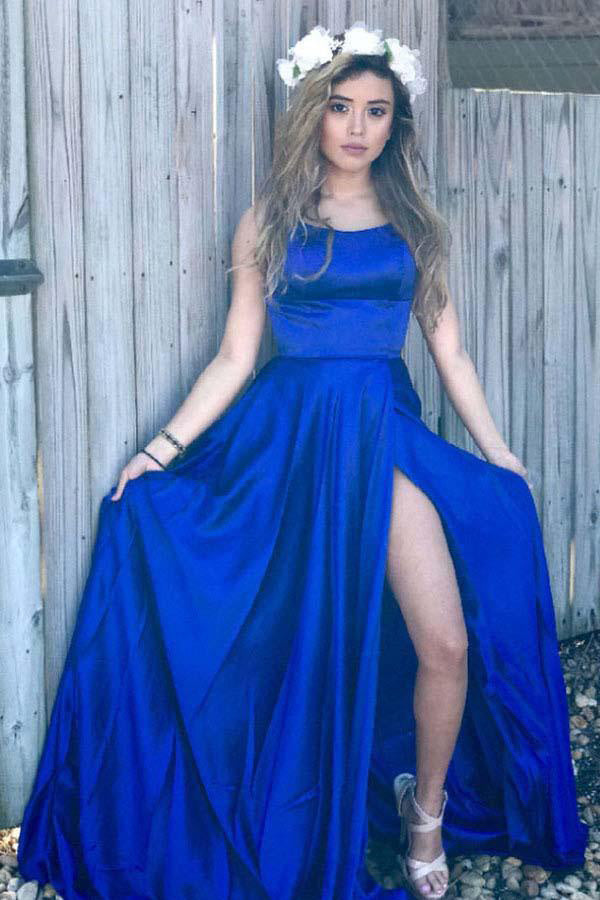 Royal Blue Spaghetti Strap Formal Dress with Side Slit, Sexy Sleeveless Long Prom Dress N1616