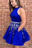 Royal Blue Short Homecoming Dresses with Beading A Line Sleeveless Satin Prom Dresses N2010