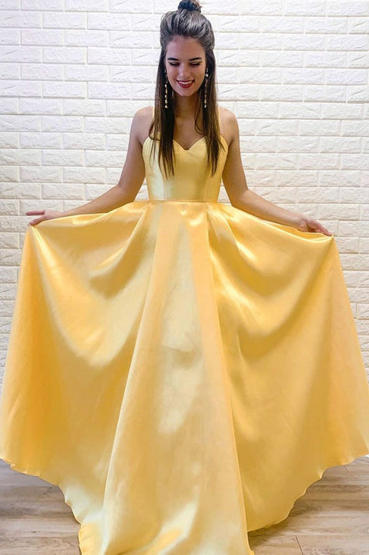 A Line Yellow Satin Spaghetti Straps Formal Evening Dress Long Prom Dress