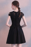 Black Cap Sleeves Satin Short Homecoming Dresses with Lace N1961