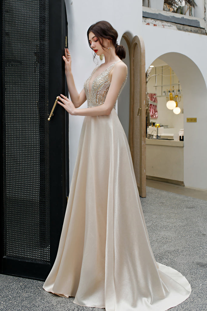 Deep V-Neck Sleeveless Evening Dresses with Sequins Backless A Line Party Dresses N2665