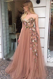 A-Line Sweetheart Floor Length Prom Dress with Appliques, Cheap Tulle Formal Dress N1702