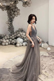Dark Gray V-Neck Sparkly Beading Tulle Prom Dresses with Sequins