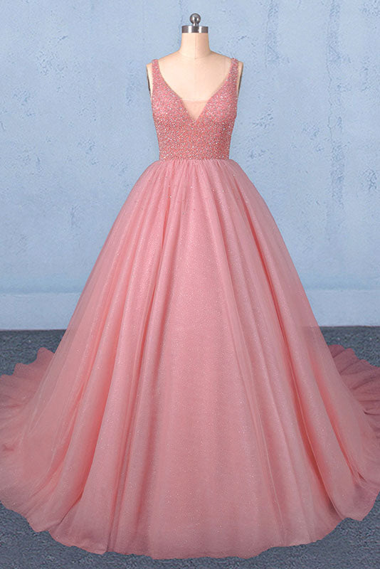 Ball Gown V-Neck Tulle Prom Dress with Beads Puffy Sleeveless Quincean ...