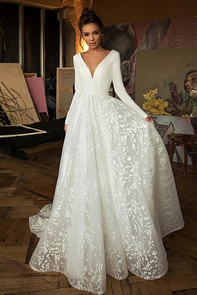 A Line Long Sleeves V Neck Beach Wedding Dress, Elegant Long Bridal Dresses N2552