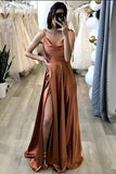 A Line Brown Evening Party Dress Long Prom Dress With Slit