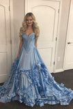 Blue Sweetheart Swirling Ruffled Prom Dresses Sweep Train Special Party Dresses N1531