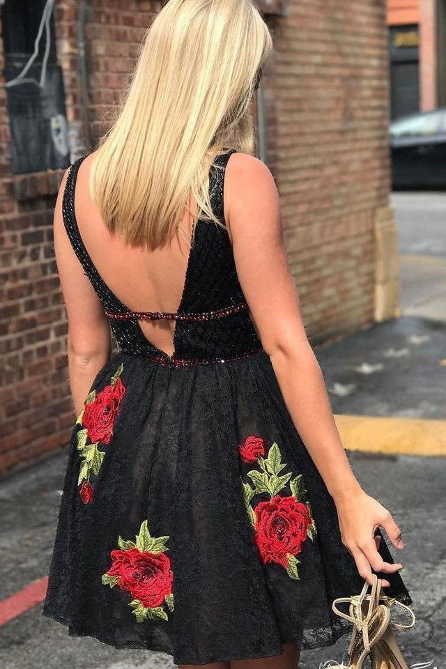 Black Deep V Neck Lace Junior Homecoming Dresses with Flowers Sexy Lace Black Dresses N1868