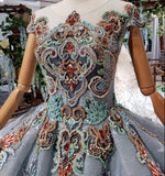 Ball Gown Blue Cap Sleeve Long Prom Dress Lace up Beading Quinceanera Dress N1997