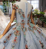 Ball Gown Blue Cap Sleeve Long Prom Dress Lace up Beading Quinceanera Dress N1997