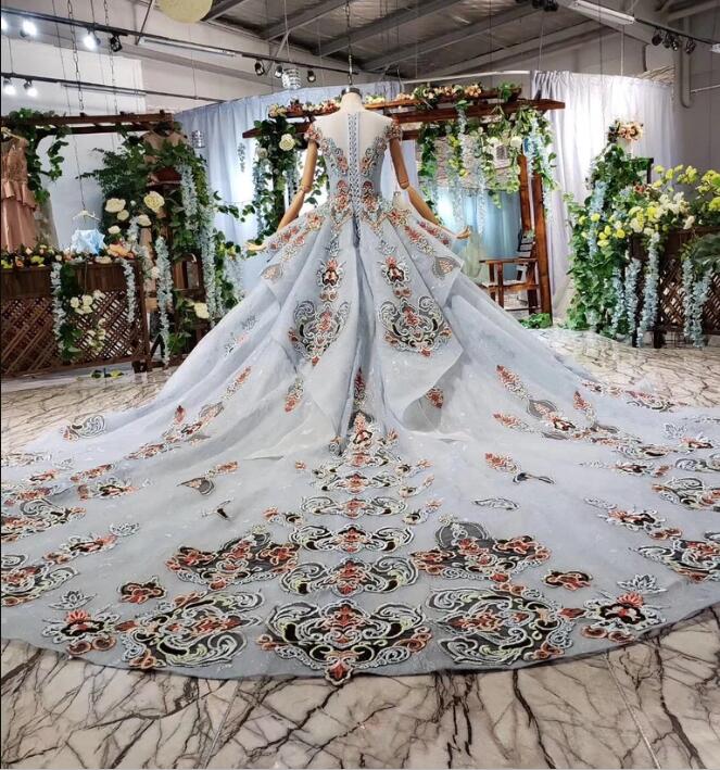Ball Gown Blue Cap Sleeve Long Prom Dress Lace up Beading Quinceanera Dress N1997