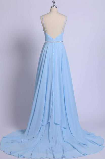 Sexy Sky Blue V-Neck Spaghetti Straps Pleated Long Prom Dresses