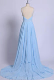 Sexy Sky Blue V-Neck Spaghetti Straps Pleated Long Prom Dresses