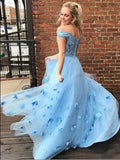 Two Piece Floor Length Tulle Prom Dresses with Lace Long Off the Shoulder Dresses with Flower N2096