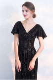 Black Sparkly Sequined Evening Dresses with Short Sleeves Long Prom Dresses with Pleats N1420