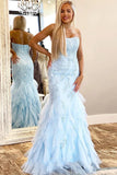 Light Blue Mermaid Lace Appliques Prom Dress with Ruffles, Strapless Long Evening Dress N2645