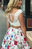 Two Piece Cap Sleeves Floral Dresses with Lace New Style Backless Prom Dresses N1733