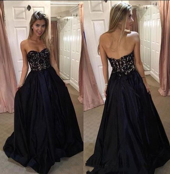 Black Sweetheart Prom Dresses with Lace A Line Strapless Long Graduation Dresses N1726