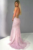 Mermaid Spaghetti Straps Lace Appliques Criss Cross Back Prom Dresses with Rhinestones