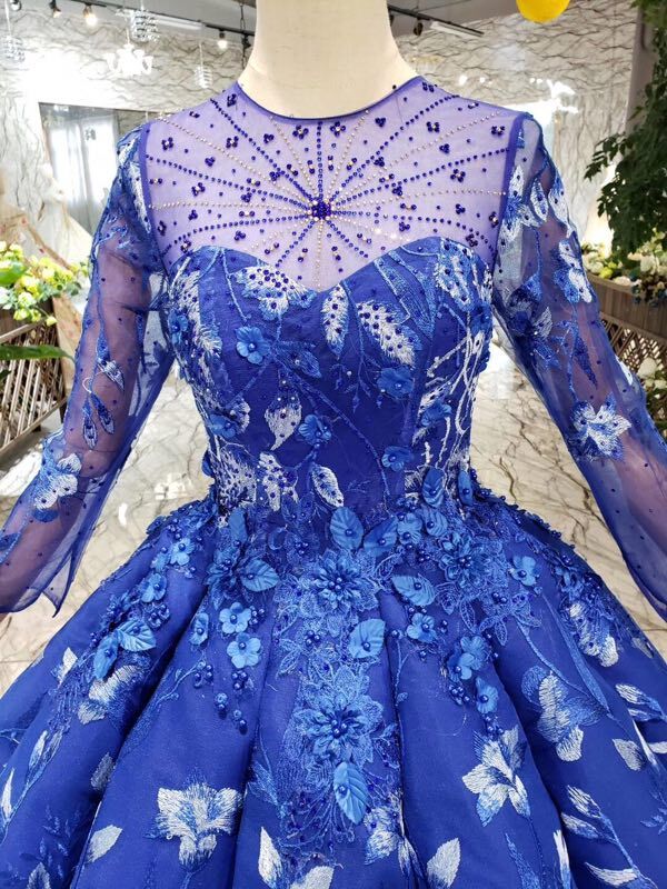 Blue Ball Gown Floral Prom Dresses with Long Sleeves Appliqued Long Quinceanera Dresses N1638
