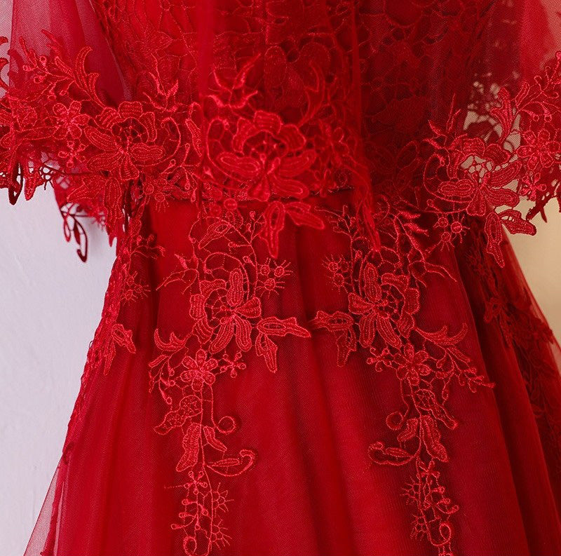 Unique Sweetheart Red High Low Lace Up Back Tulle Prom Dresses With Appliques N824
