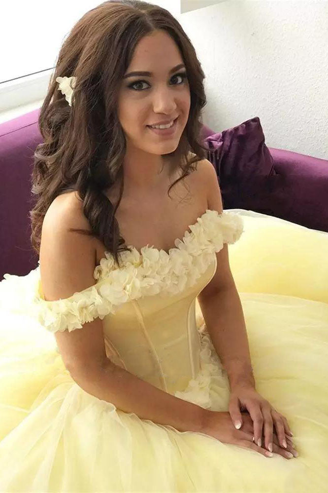 Gorgeous Off The Shoulder Sweet 16 With 3D Flowers Yellow Quince Prom Dresses N1654