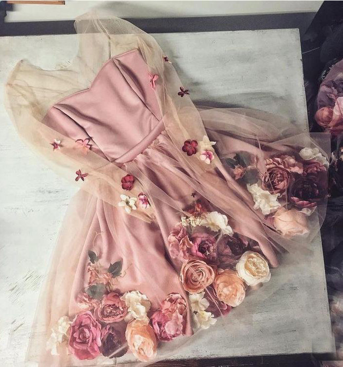Pink V-Neck 3D Applique Short Prom Dresses Long Sleeves Homecoming Dresses N1840