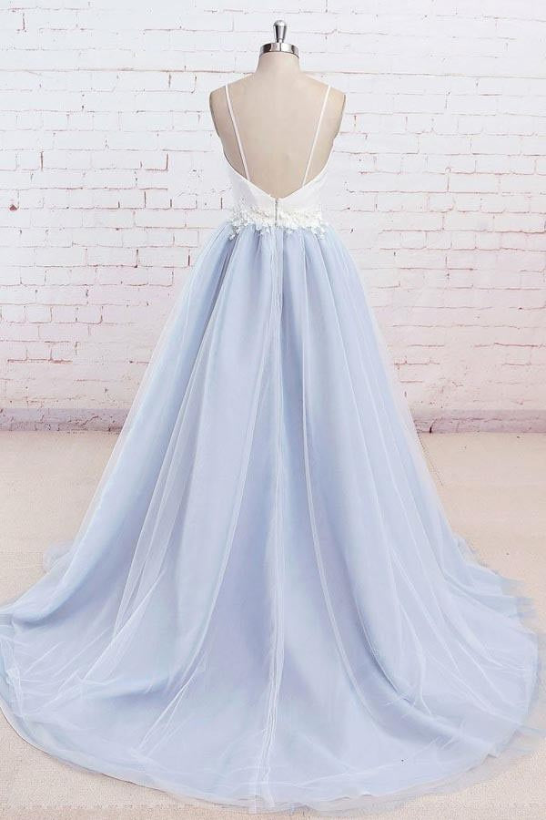 Spaghetti Strap Light Blue Tulle Prom Dress with Appliques N1427
