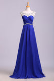 Royal Blue Floor Length Chiffon Prom Dress with Rhinestone Belt, Evening Dress with Pleats N1203