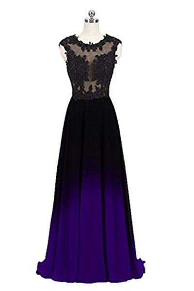 Black and Purple Sleeveless Ombre Prom Dresses, A Line Lace Appliques Evening Dresses N1677