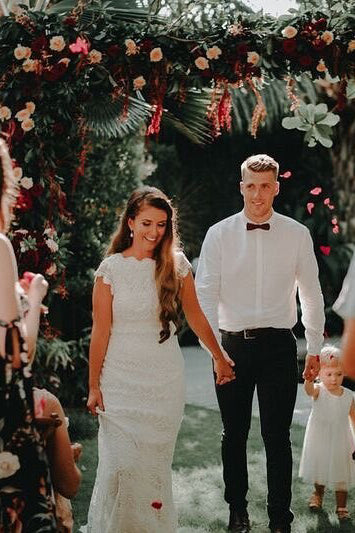 Boho Mermaid Lace Beach Wedding Dresses Cap Sleeve Bohemian Bridal Gown