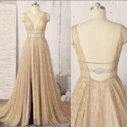 Sparkly Deep V-Neck Sleeveless Floor Length Prom Dresses A Line Long Formal Dresses N1699