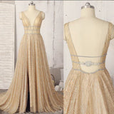 Sparkly Deep V-Neck Sleeveless Floor Length Prom Dresses A Line Long Formal Dresses N1699