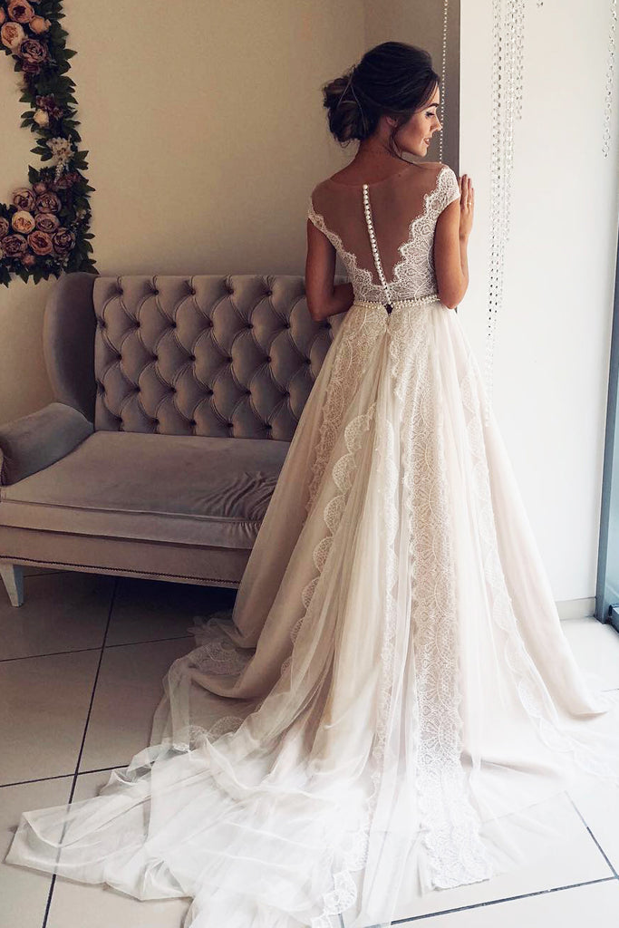 A Line Scalloped-Edge Lace Wedding Dresses with Sheer Back