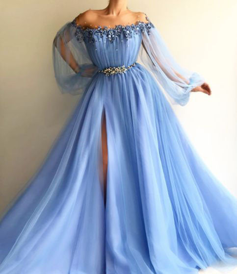 Blue Long Sleeves Off the Shoulder Beaded Crystal Split Prom Dresses N1277