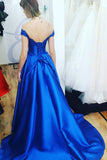 Royal Blue Off the Shoulder Satin Prom Dress with Lace Appliques N1608