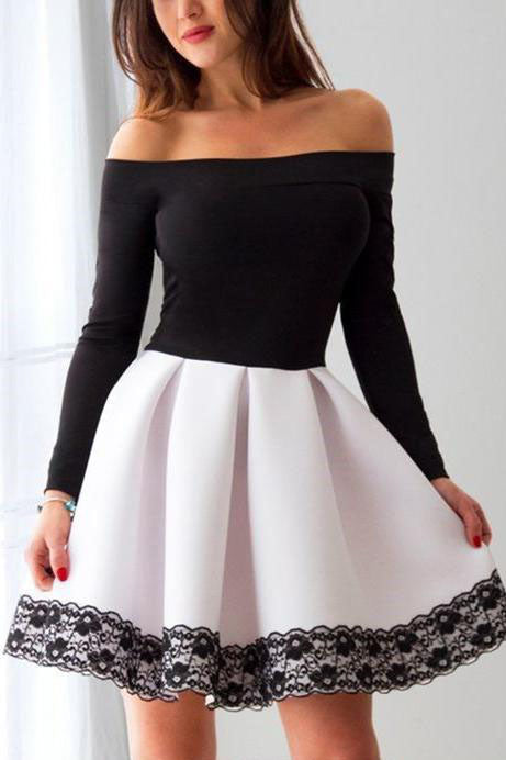 White and Black Off Shoulder Homecoming Dress with Lace, Short Prom Dress with Sleeve N1659