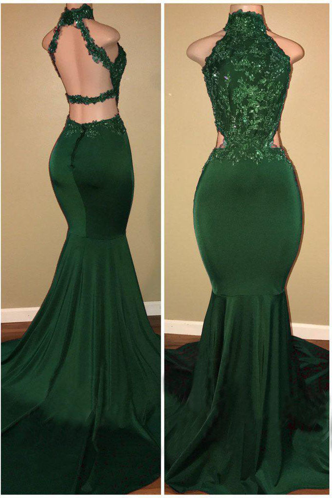 Green High Neck Sleeveless Mermaid Long Prom Dresses with Appliques Sexy Party Dresses N1585