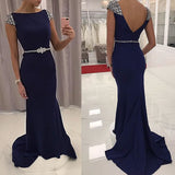 Mermaid Navy Blue Sequined Cap Sleeve Prom Dresses