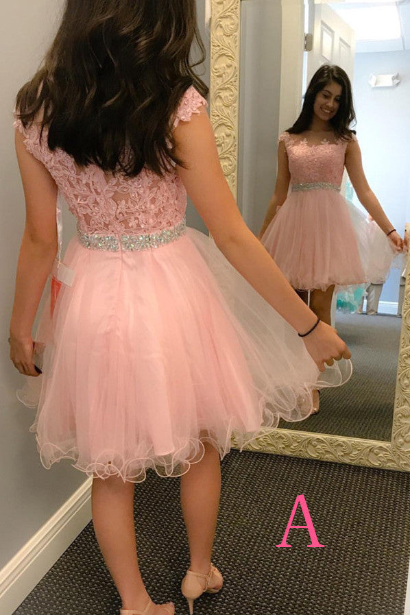 Pink Homecoming Dress,Short Tulle Prom Dresses With Bead Waist,Lace Appliques Graduation Dress