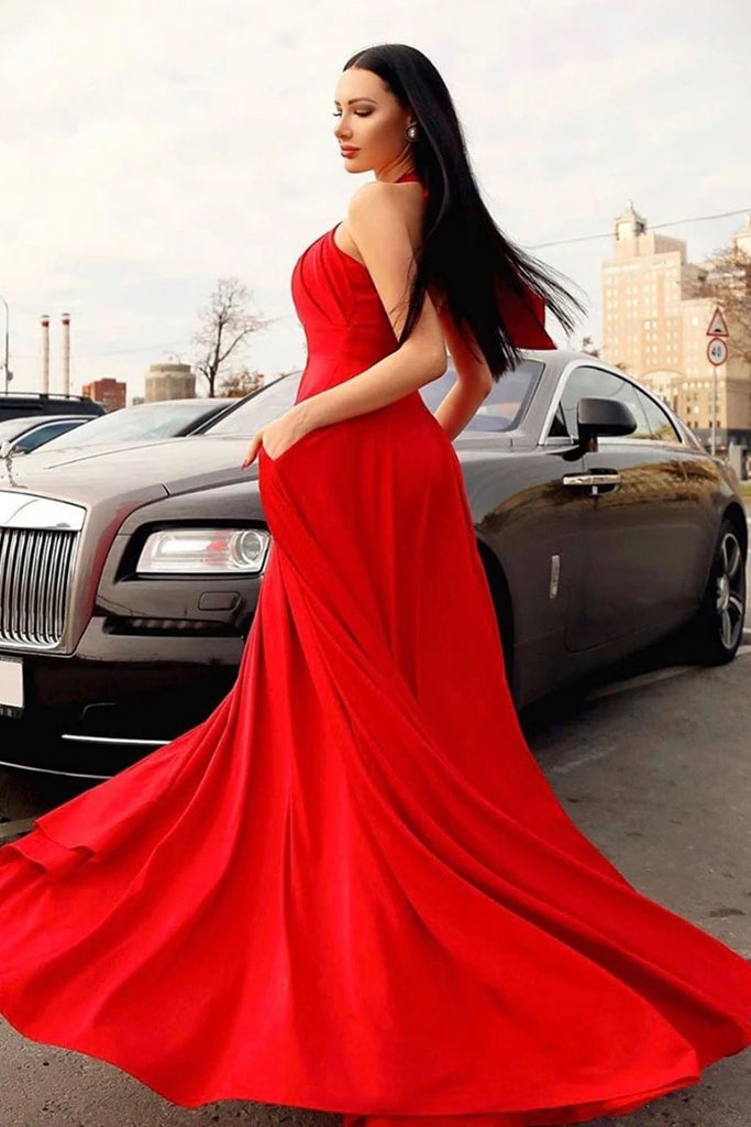 Stylish Red Halter Long Prom Dresses Floor Length Sleeveless Evening Dresses with Pockets N2619