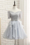 Silver Off-the-shoulder Homecoming Dress Half Sleeve Short Prom Dress Party Dress with Band,N241
