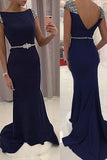 Mermaid Navy Blue Sequined Cap Sleeve Prom Dresses