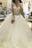 Ball Gown Long Sleeves V-Neck Tulle Lace Wedding Dresses