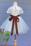 Lace Flower Girl Dresses Tulle Country Wedding Flower Girl Dresses with Short Sleeves F054