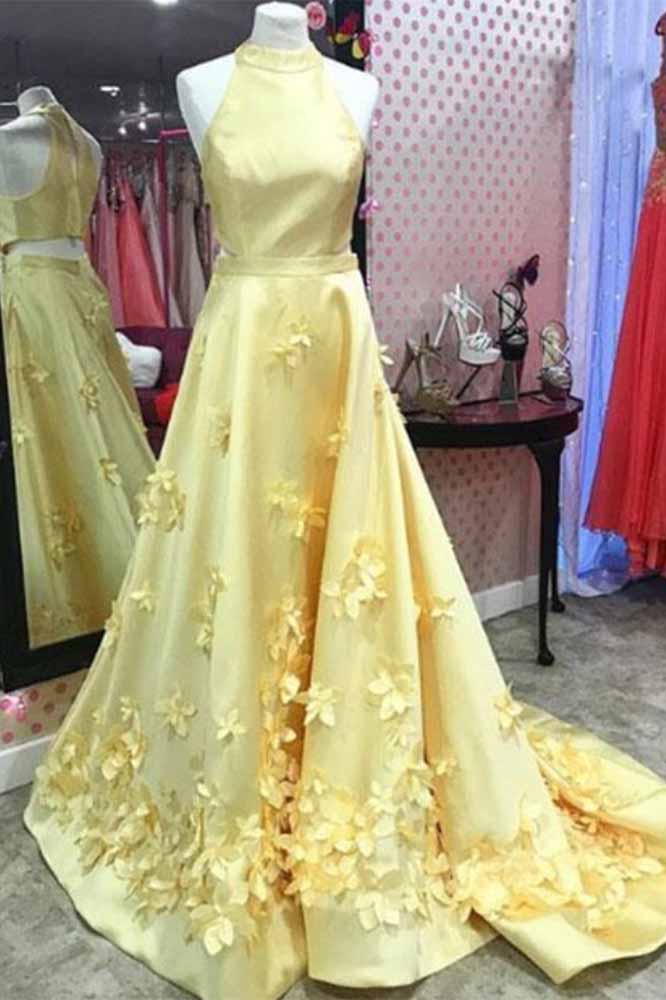A Line Formal Yellow Halter Handmade Flowers Prom Dresses with Sweep Train N1348