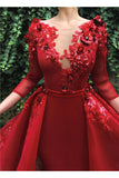 A Line Organza Midi Sleeves Red Puffy Prom Dresses with Flowers