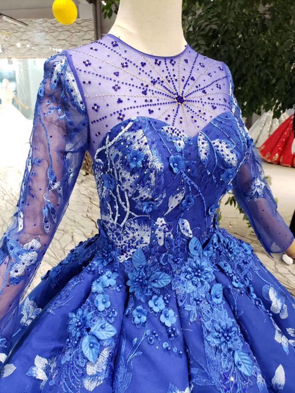 Blue Ball Gown Floral Prom Dresses with Long Sleeves Appliqued Long Quinceanera Dresses N1638