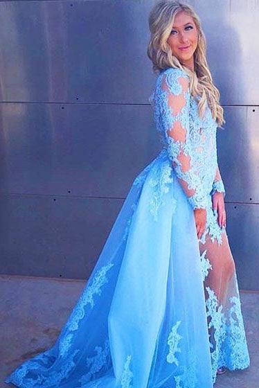 Sexy Long Sleeve Prom Dress with Lace Appliques, Long Formal Dress with Lace N1857